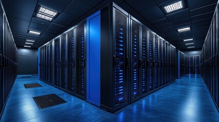 Fototapeta premium Modern Blue Server Room with Rows of Data Storage Cabinets