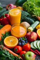 Vibrant Display of Fresh Fruits, Vegetables and Refreshing Orange Juice Representing Balanced Nutrition