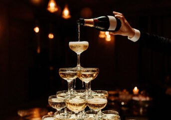 Elegant champagne tower being filled at a celebration in an upscale venue during evening hours
