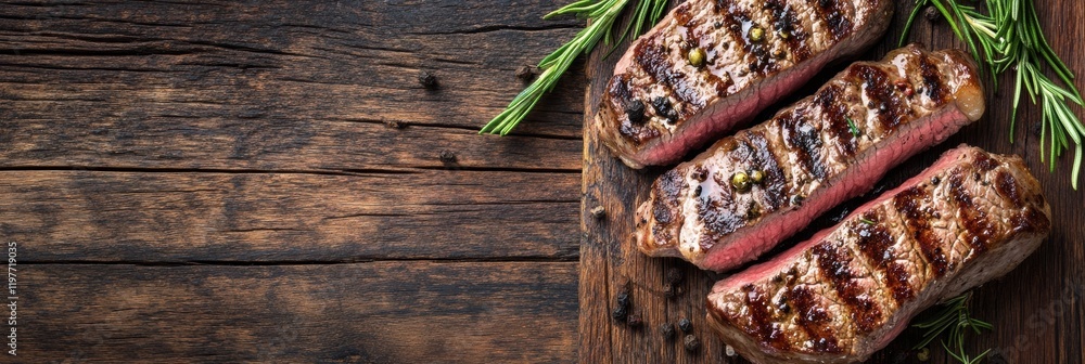 Poster delicious grilled steak with herbs on a rustic wooden board ready for presentation and text overlay.