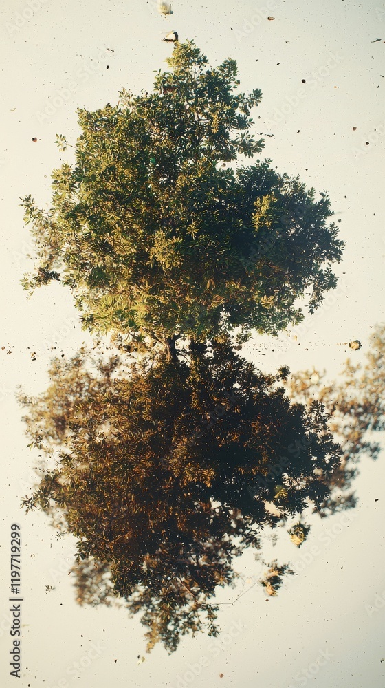 Poster reflective nature art fusion abstract botanical inspired scene with tree in tranquil environment