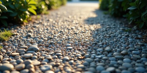 Serene Pebble Path A Tranquil Garden Walkway of Smooth Stones Bathed in Golden Sunlight