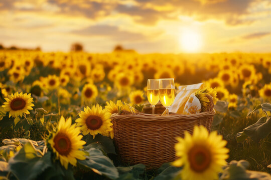 Sunlit Picnics and Scenic Sunflower Fields with Golden Hour Charm - Powered by Adobe