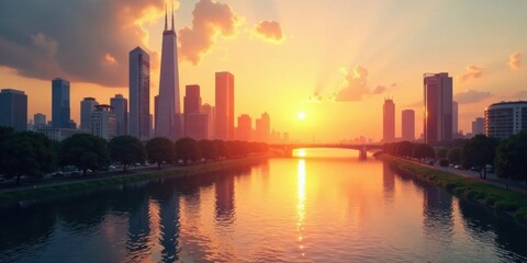 Naklejka premium Golden Hour Skyline Urban River Reflection at Sunset with Cityscape and Bridge