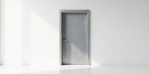 Obraz premium A single grey door with a metallic frame stands against a bright white wall, bathed in sunlight. The minimalist design creates a sense of calm and simplicity.