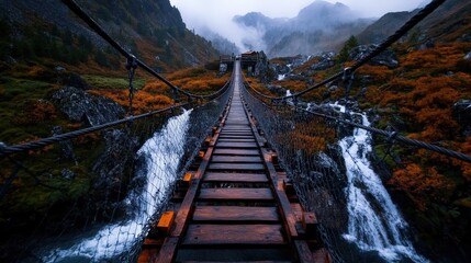 The peaceful suspension bridge stretches over a vibrant landscape with flowing water and towering mountains, inviting adventurers to explore nature's beauty in misty tranquility.
