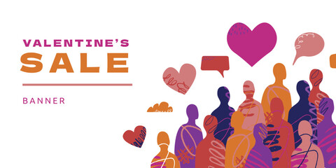 A bright and festive banner template with a crowd celebrating Valentine's Day. A group of abstract people of different colors and shapes surrounded by hearts and speech bubbles.