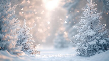 Winter scene with snow covered trees and soft bokeh light enhancing tranquility
