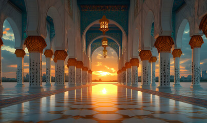 Sunset Mosque Corridor, Cityscape View