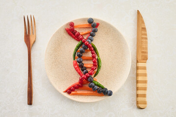 DNA food and genetically modified foods, DNA helix structure on plate.
