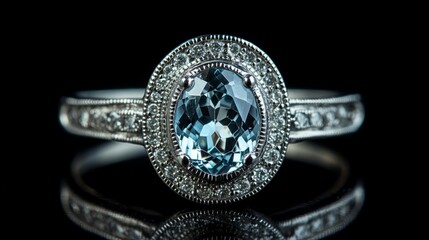 ring with central oval aquamarine surrounded by a halo of diamonds generative ai