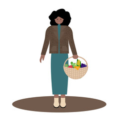 Black family shopping together. Vector flat illustration of African American father holding grocery basket, mother pushing  shopping cart and daughter holding juice bottle.