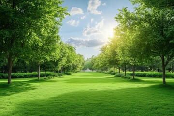 Obraz premium Spacious green park area with sunlight filtering through trees ideal for text or messaging needs. Generative AI