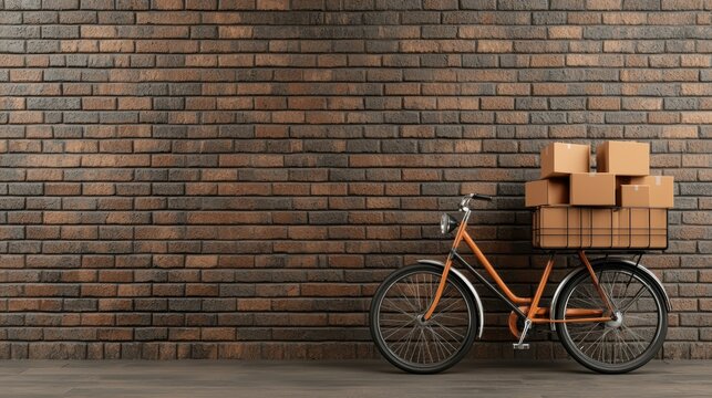 Orange bicycle with basket of cardboard boxes against brick wall background
