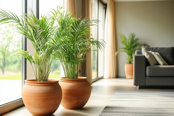 Two potted parlor palms in terracotta pots near a window
