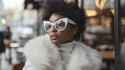 Young beautiful African American woman wearing white glasses and a white coat with fur in a coffee shop