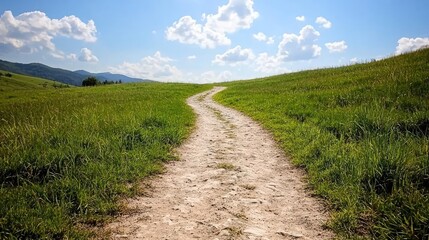 Fototapeta premium Winding dirt road uphill, green hills, blue sky, summer day; travel, nature background