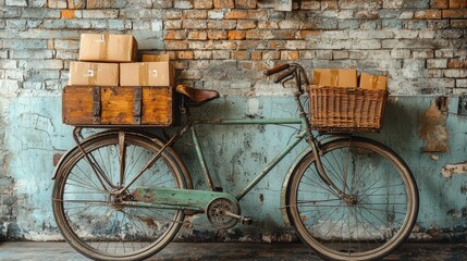 Vintage bicycle with wooden crate and wicker basket carrying parcels against brick wall