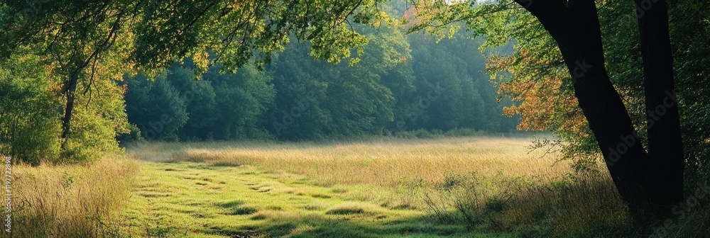 Aufkleber serene landscape of a tranquil meadow surrounded by lush trees during daylight hours. generative ai