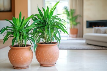 Fototapeta premium Two Dracaena Plants in Terracotta Pots Inside a Home