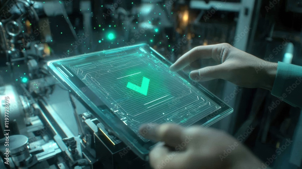 Aufkleber the hands of a technician hover over a digital tablet showing a green checkmark with background elem