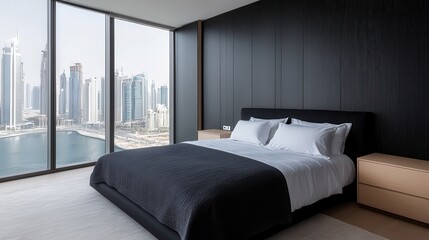 luxury apartment with exclusive view Modern bedroom with city view and stylish decor.