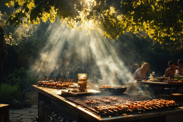 Man cooking on grill in the sun.