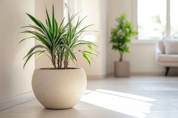 Fototapeta premium Dracaena plant in a textured white pot sits in a sunlit room