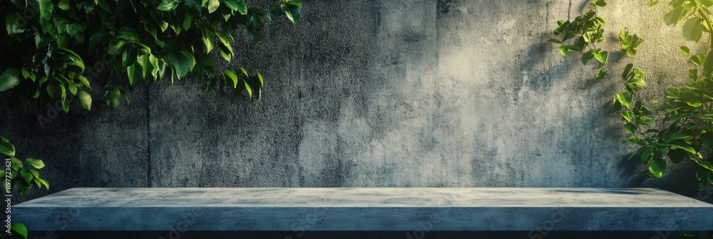 Poster Empty tabletop in a serene setting with lush greenery and textured wall suitable for creative text placement. Generative AI