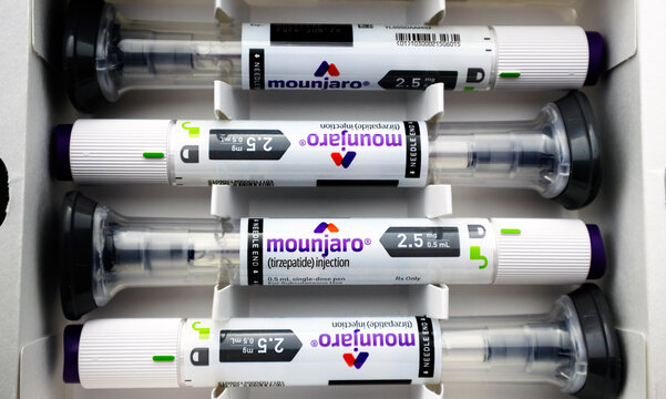 One month supply of Mounjaro injectable pens in the prescription box 