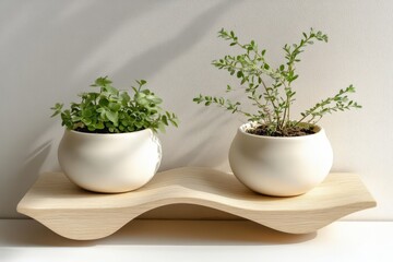 Fototapeta premium Two Green Plants in White Pots on Wooden Shelf