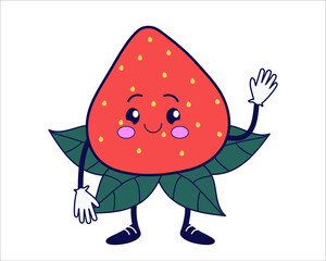 Groovy strawberry. Hand drawn retro style illustration.