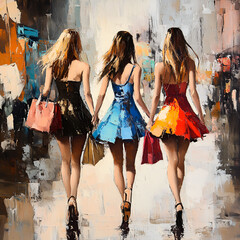 Three young women in stylish dresses (black, blue and orange) walk down a busy city street with bags in their hands. 