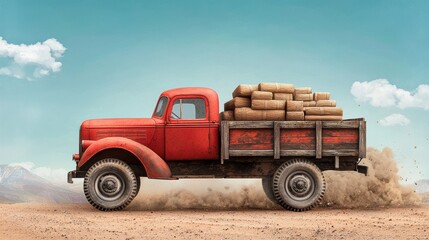 Obraz premium vintage red truck carrying sacks drives on dusty road under clear blue sky