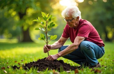 Fototapeta premium An old woman plants a tree in the garden. Gardening concept.