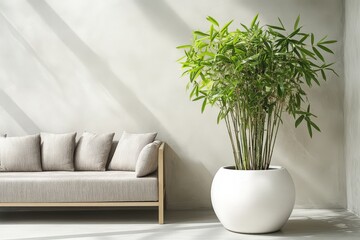 Modern Living Room Decor With Beige Sofa And Bamboo Plant