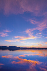 Landscape of mountains and lake at sunset and clouds reflected in the water.