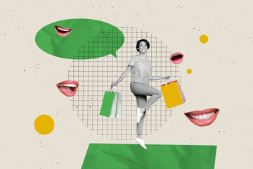 Contemporary poster trend art collage of happy girl hold packages black friday shopping bubble...