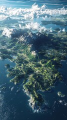 Aerial landscape exploration coastal mountains nature lush environment bird's eye view earth serenity