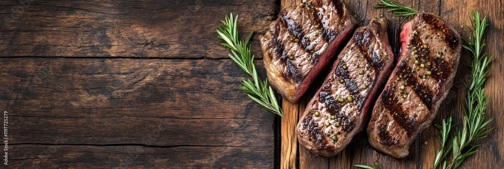 Aufkleber grilled steaks with fresh herbs on a rustic wooden surface suitable for culinary text placement. gen