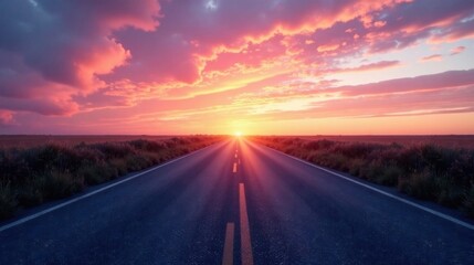 Fototapeta premium A Serene Sunset Over an Empty Asphalt Road, Leading Towards a Vibrant Horizon