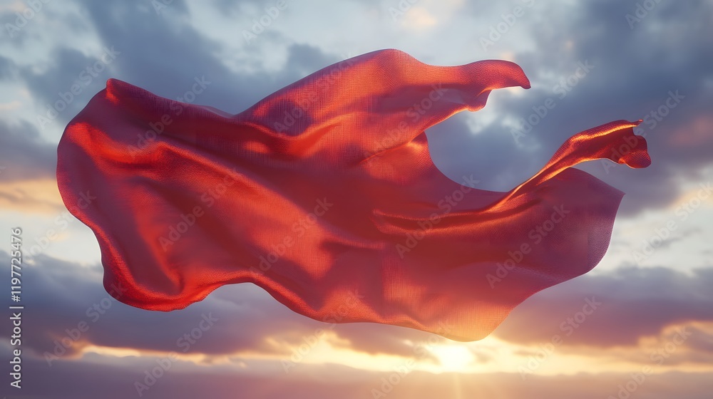 Poster a vibrant red fabric gracefully flows in the wind against a dramatic sunset backdrop. the rich color