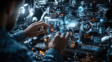Fototapeta premium A technicians hands working with a digital interface with AR panel projections displaying annotated tips and best practices enhancing the assembly process through visual assistance.