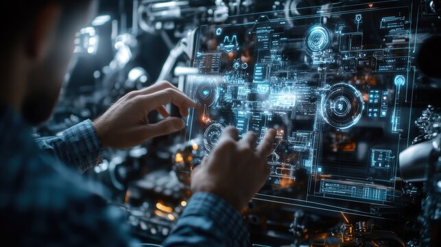 A technicians hands working with a digital interface with AR panel projections displaying annotated tips and best practices enhancing the assembly process through visual assistance.