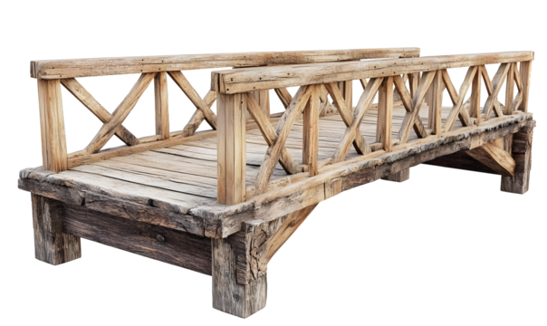 Rustic wooden footbridge, isolated, garden design, background transparent, 3D model