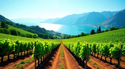Fototapeta premium Serene Vineyard Rows on Gentle Slopes Overlooking a Sparkling Lake and Majestic Mountains