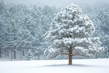 A lone snow-laden pine tree stands majestically in a snowy field, surrounded by a forest of frosted pines.