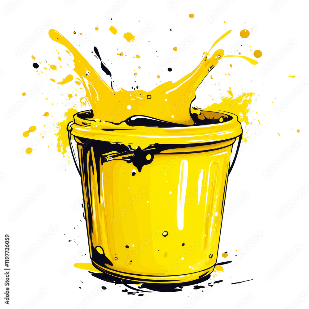 Poster a stylized illustration depicts a yellow paint bucket with paint splashing dynamically outward.