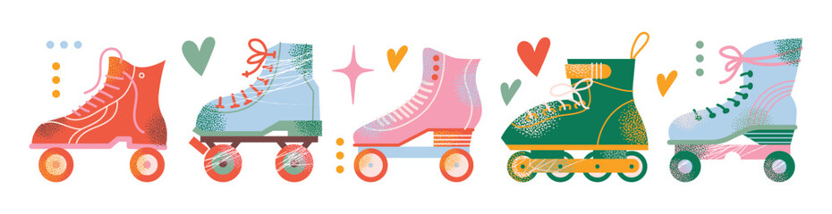 Colorful roller skates set in retro style. Flat vector illustration isolated on white background. Sport and disco. Retro fashion style from 80s and 90s.