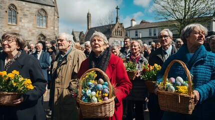 A group of senior citizens, carrying baskets of Easter eggs and flowers, participate in a procession outside a church. The sunny day and cheerful atmosphere create a festive mood.